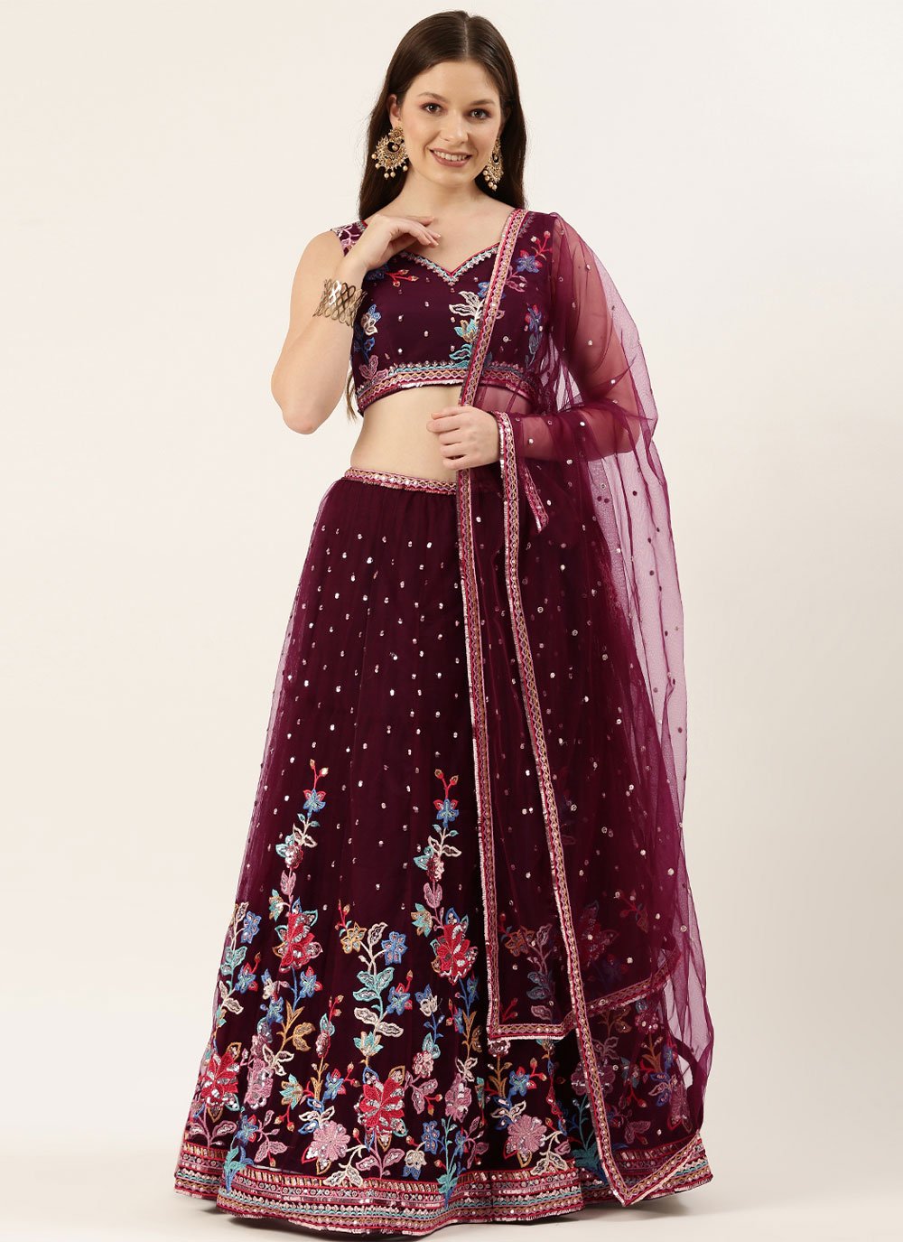 Lehenga Choli Net Burgundy Embroidered Lehenga Choli