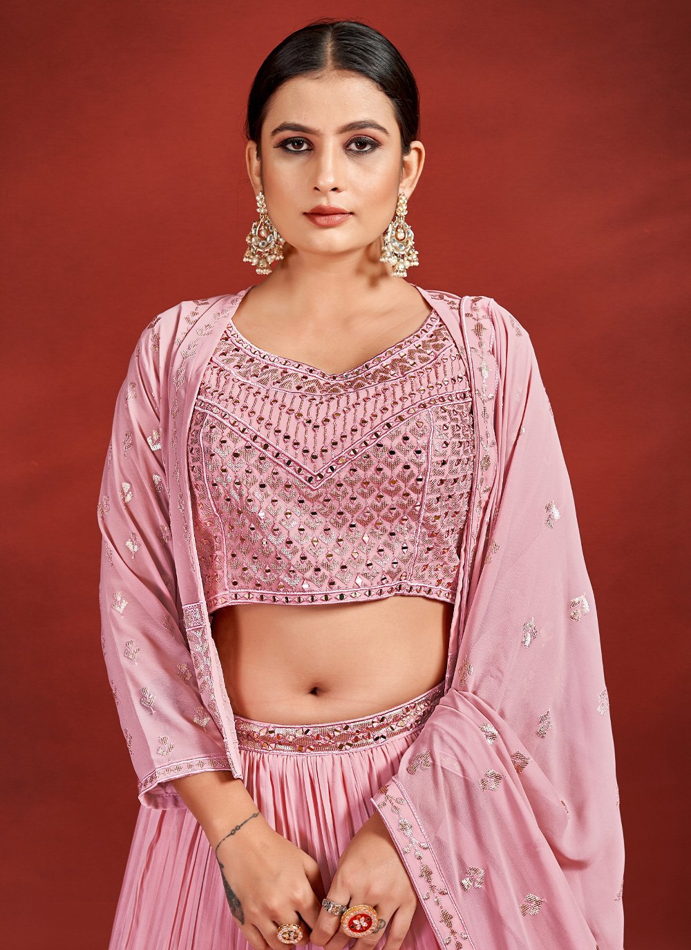 Lehenga Choli Georgette Pink Mirror Lehenga Choli