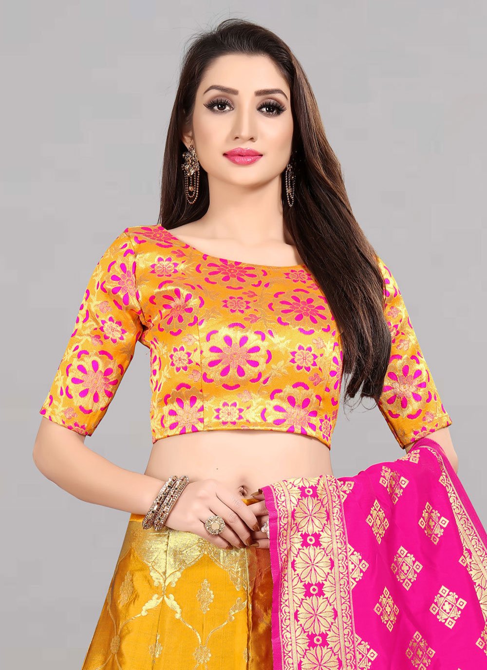 Lehenga Choli Banarasi Silk Jacquard Yellow Jacquard Work Lehenga Choli