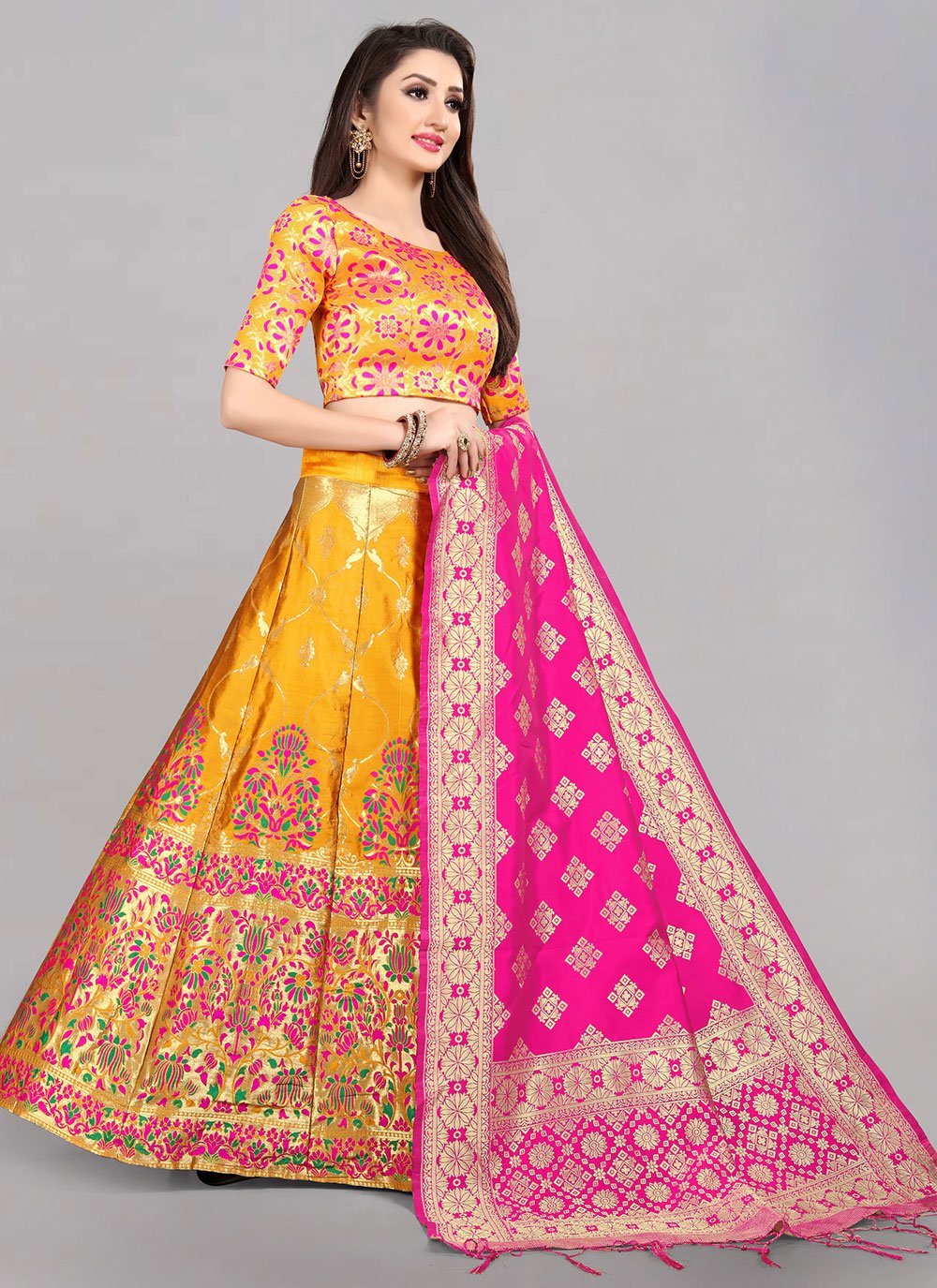 Lehenga Choli Banarasi Silk Jacquard Yellow Jacquard Work Lehenga Choli