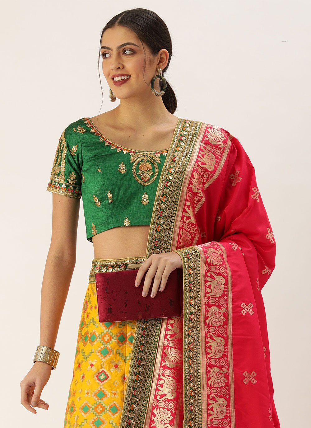 Lehenga Choli Silk Green Yellow Embroidered Lehenga Choli