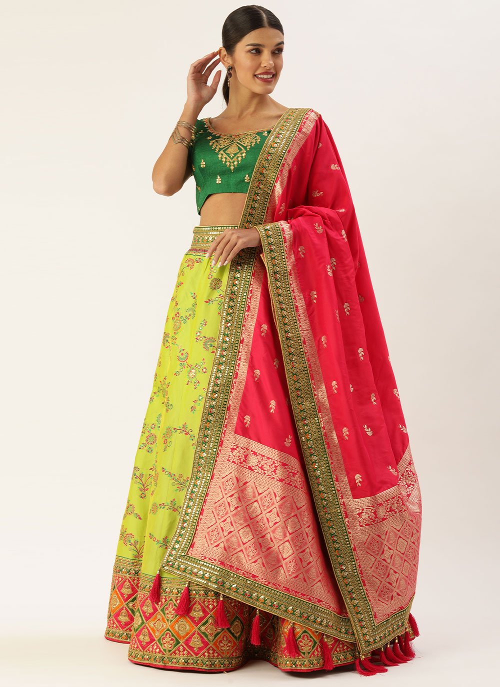 Lehenga Choli Silk Green Yellow Embroidered Lehenga Choli