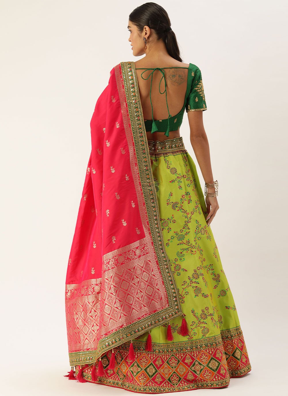 Lehenga Choli Silk Green Yellow Embroidered Lehenga Choli