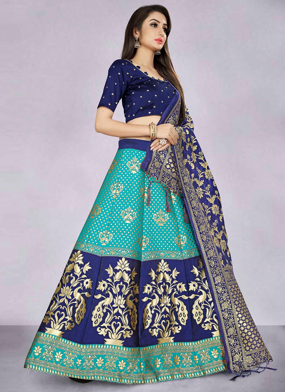 Lehenga Choli Banarasi Silk Jacquard Turquoise Jacquard Work Lehenga Choli
