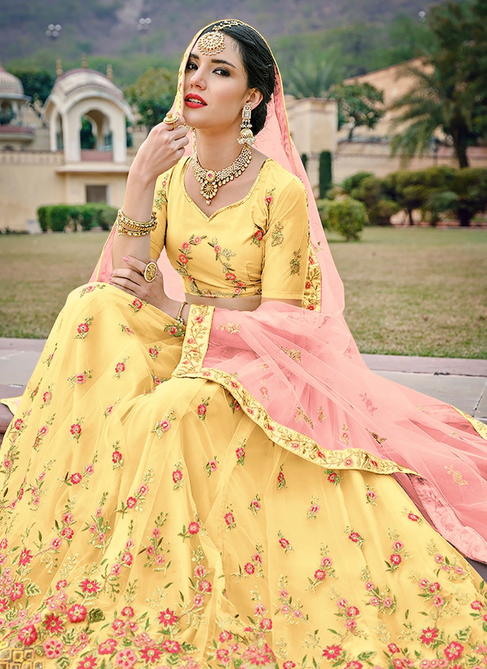 Lehenga Choli Net Satin Silk Yellow Diamond Lehenga Choli