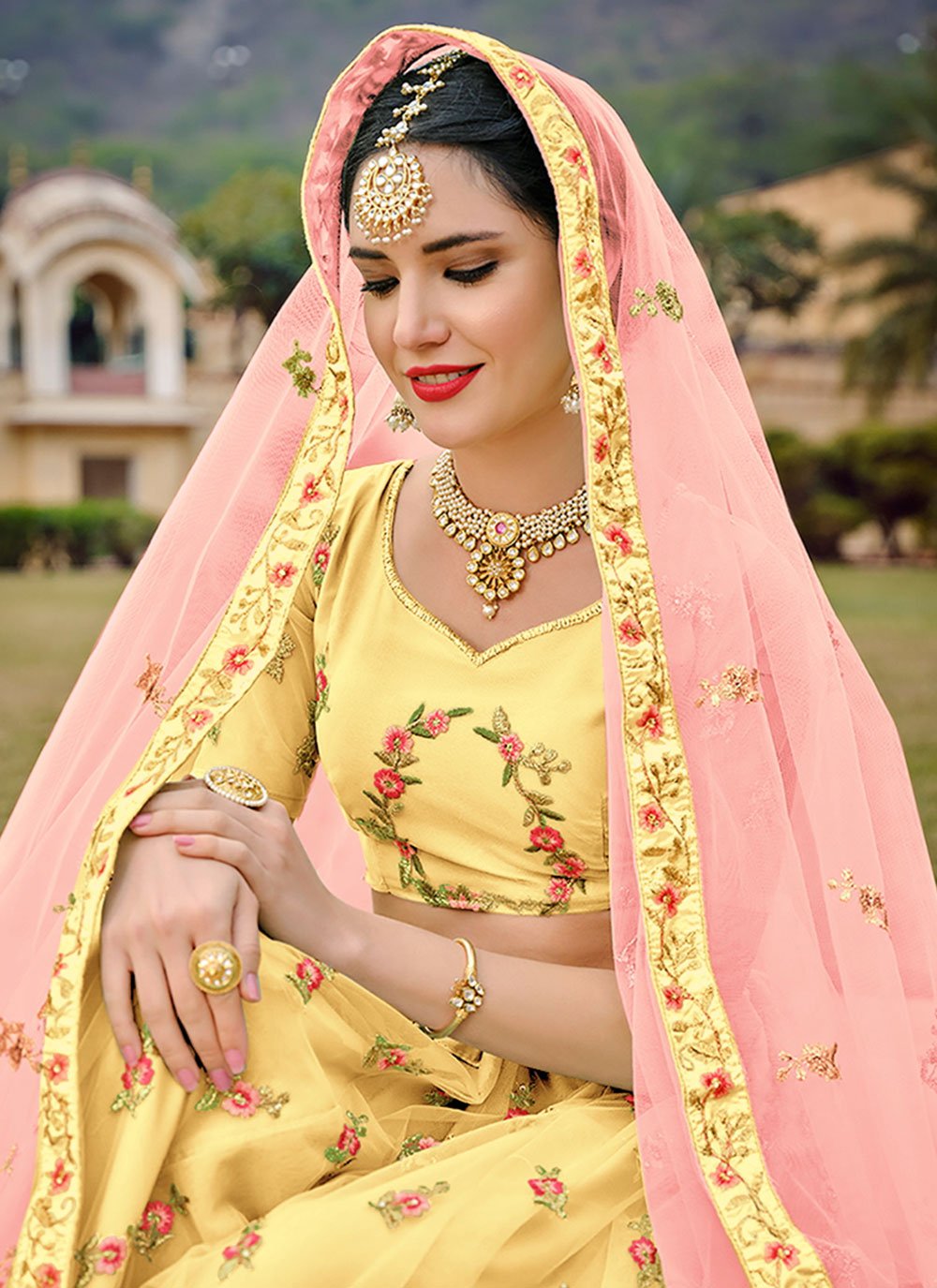 Lehenga Choli Net Satin Silk Yellow Diamond Lehenga Choli