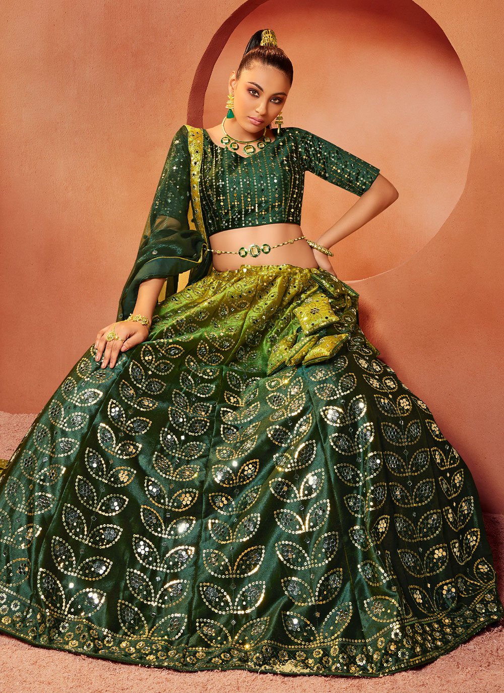 Lehenga Choli Velvet Green Embroidered Lehenga Choli