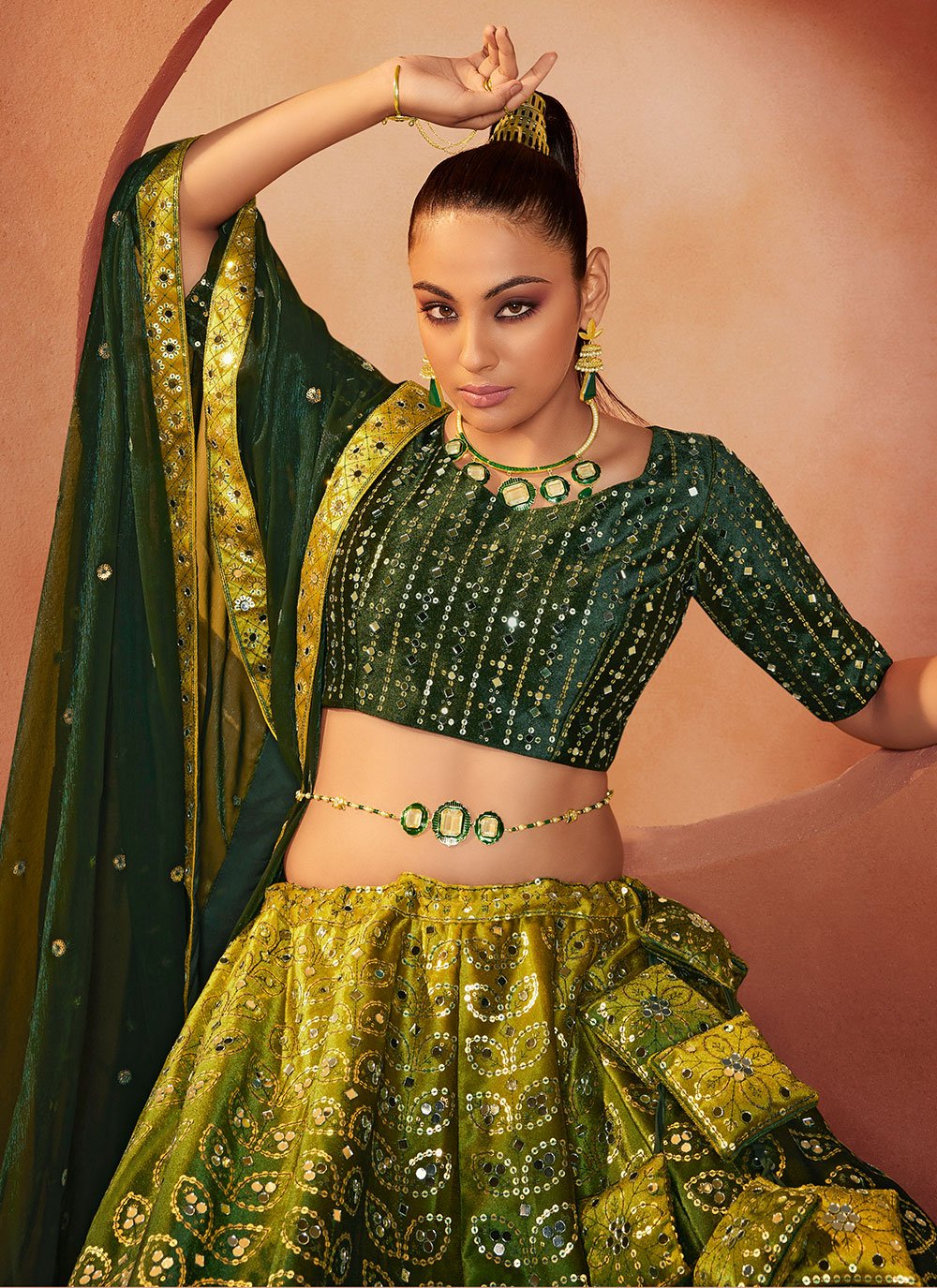 Lehenga Choli Velvet Green Embroidered Lehenga Choli