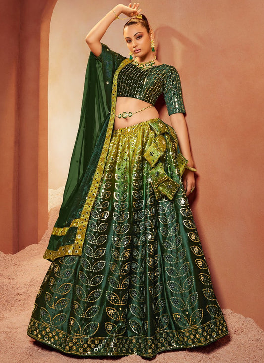 Lehenga Choli Velvet Green Embroidered Lehenga Choli