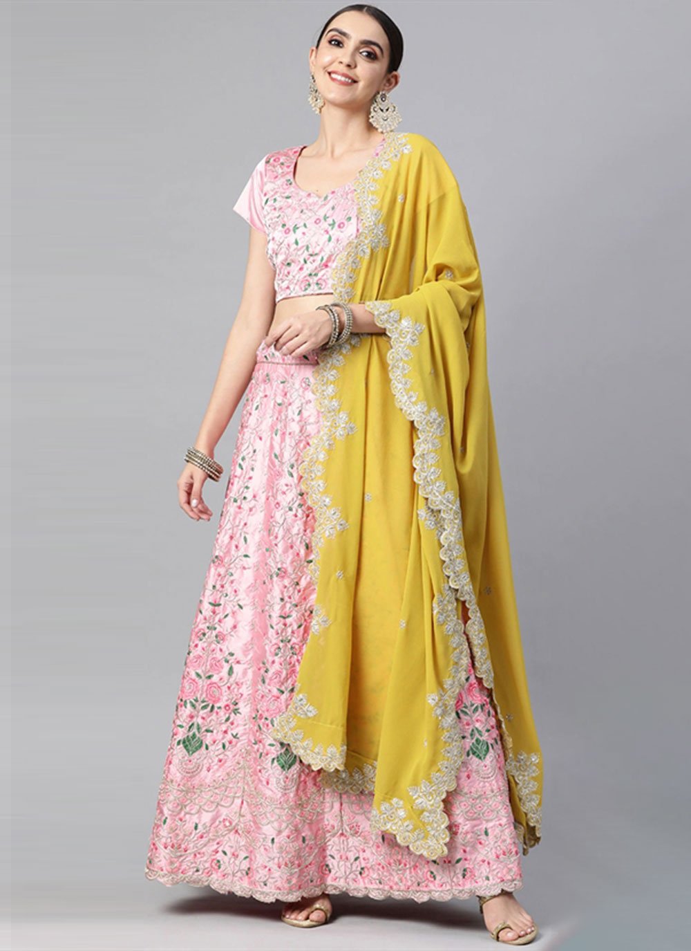 Lehenga Choli Satin Silk Pink Embroidered Lehenga Choli