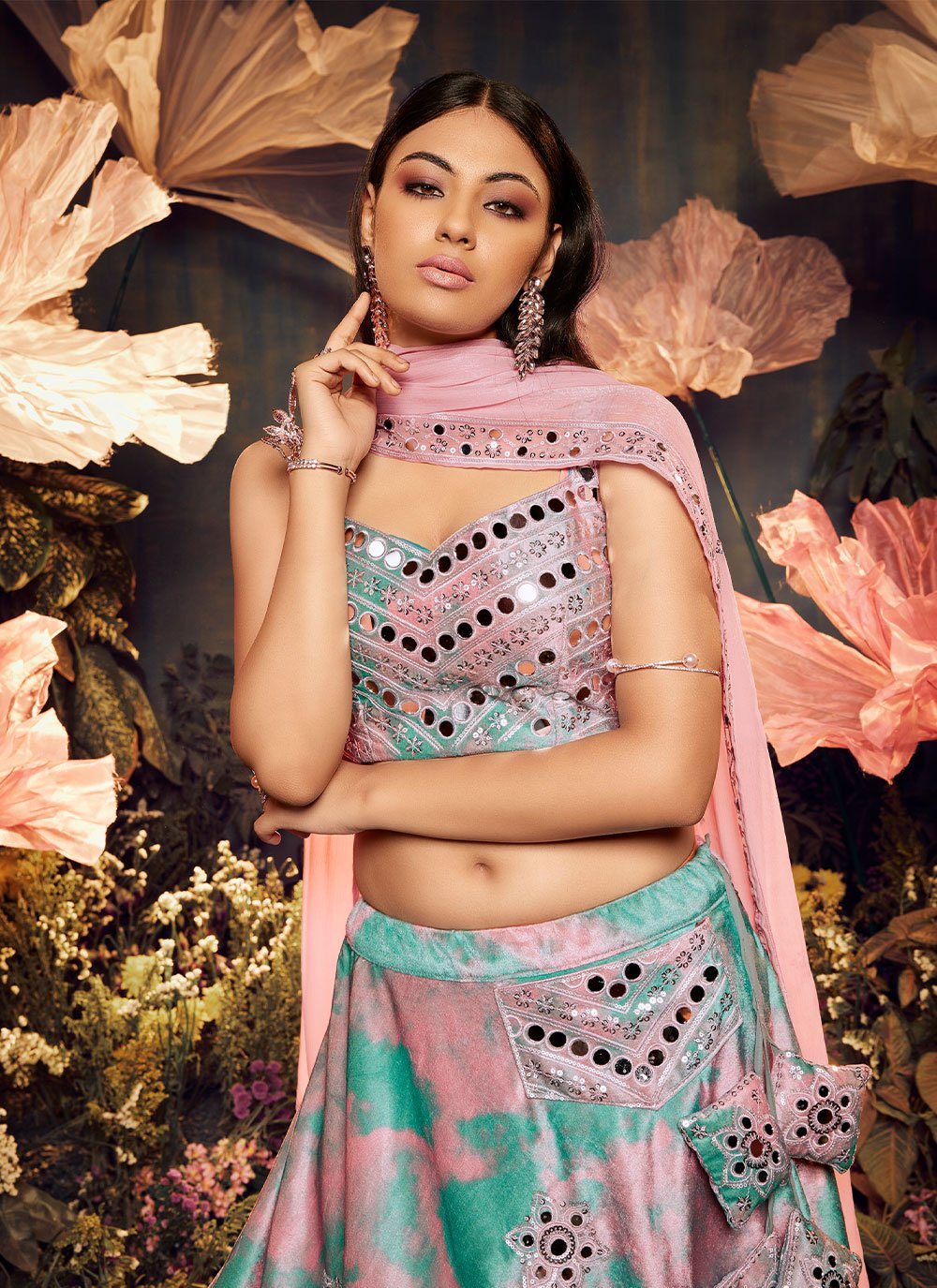 Lehenga Choli Velvet Pink Sea Green Embroidered Lehenga Choli