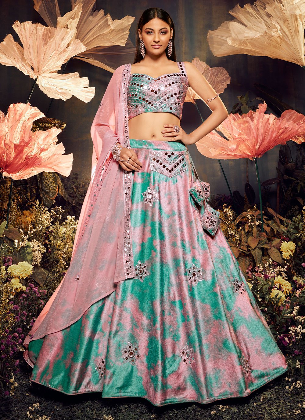 Lehenga Choli Velvet Pink Sea Green Embroidered Lehenga Choli