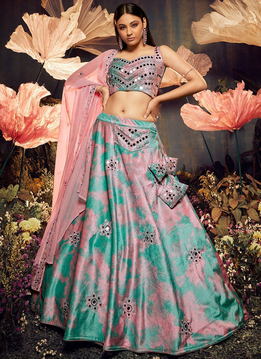 Lehenga Choli Velvet Pink Sea Green Embroidered Lehenga Choli