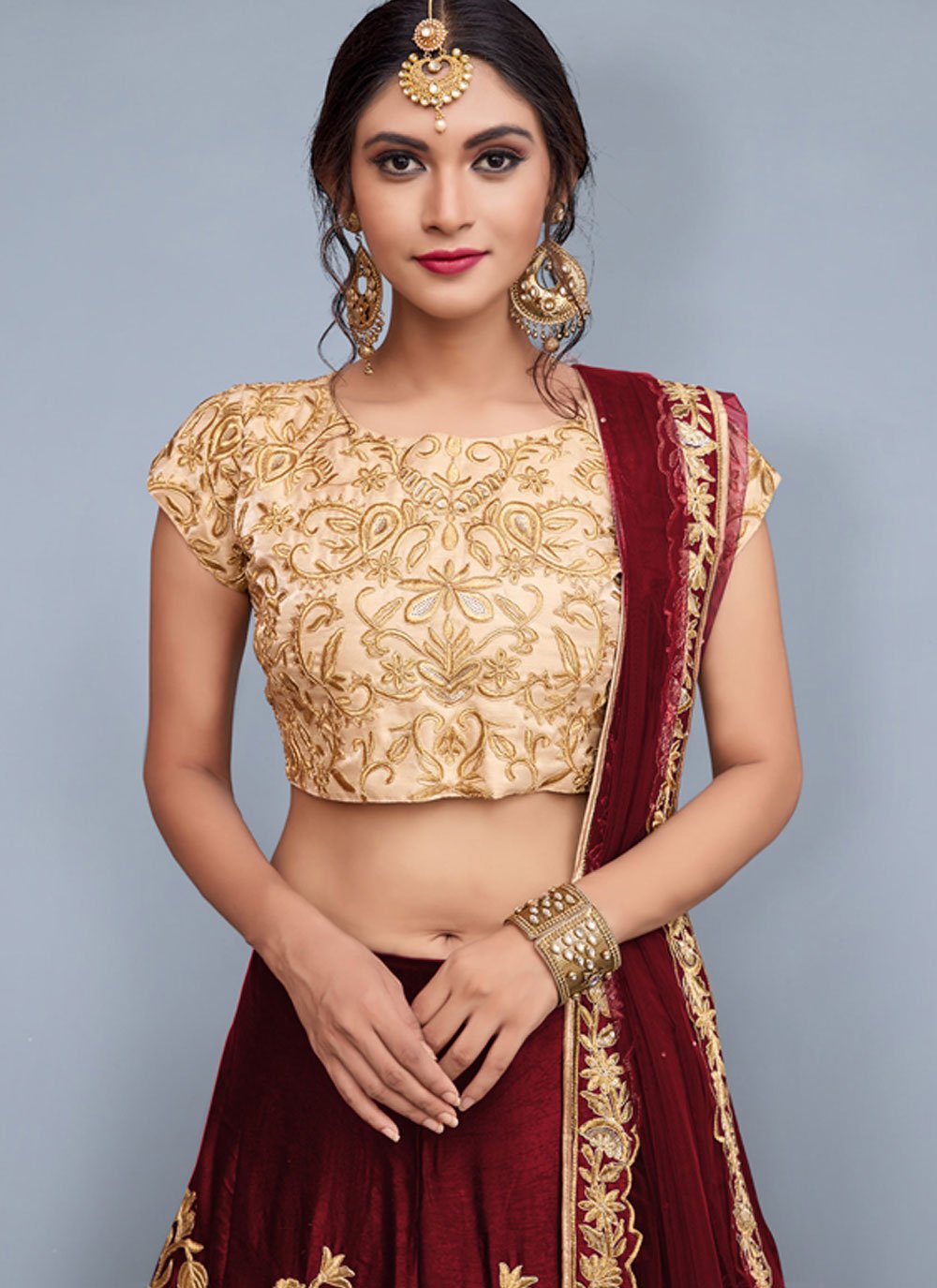 Lehenga Choli Velvet Maroon Embroidered Lehenga Choli