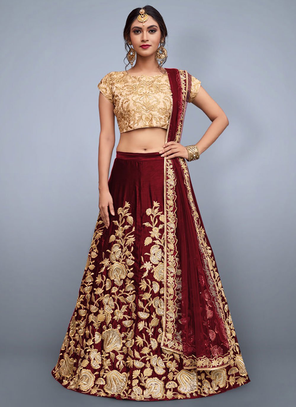 Lehenga Choli Velvet Maroon Embroidered Lehenga Choli