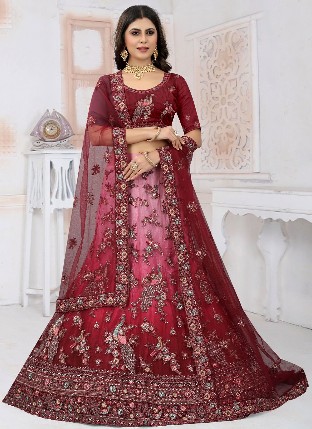 Lehenga Choli Net Wine Embroidered Lehenga Choli