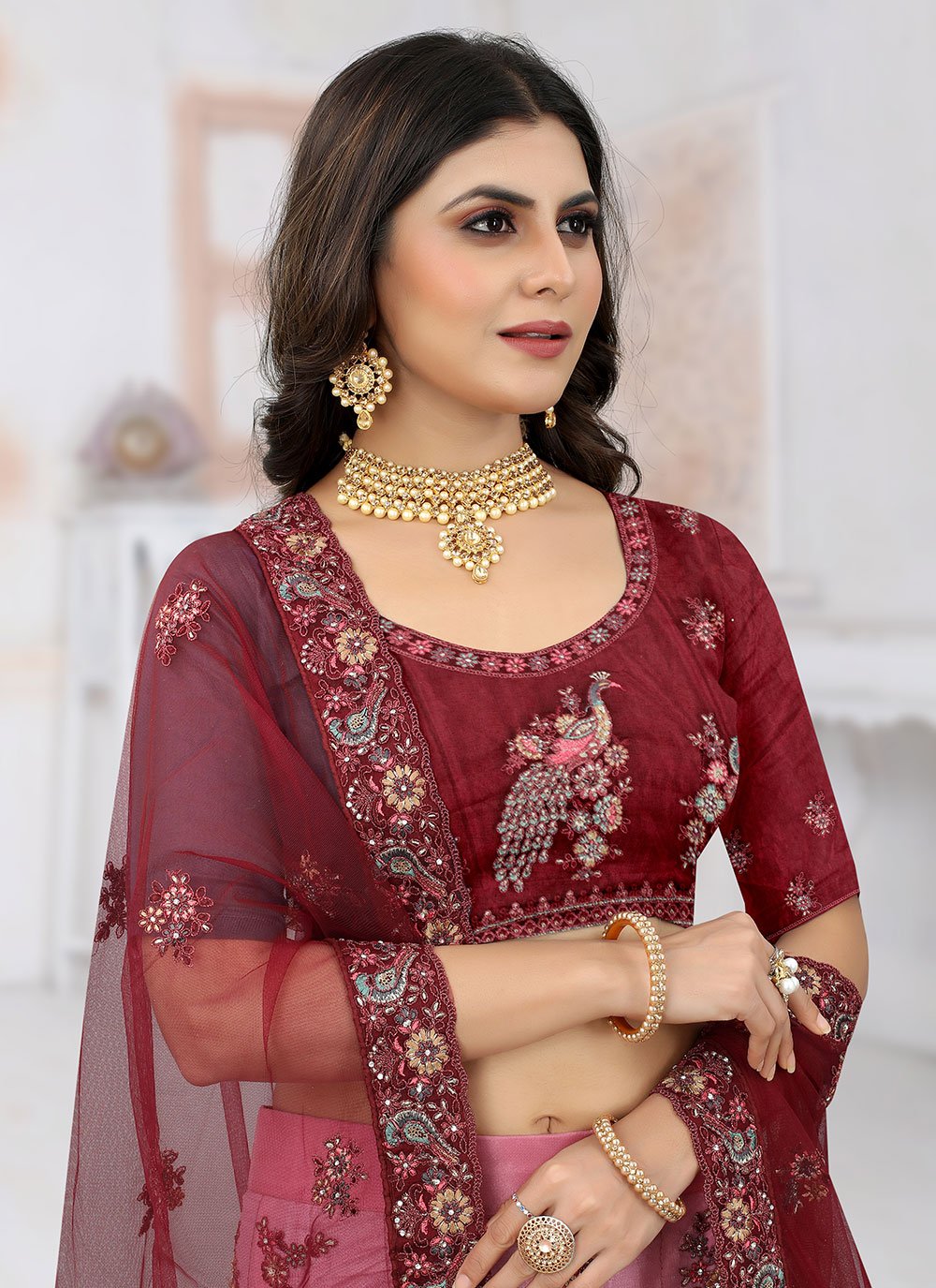 Lehenga Choli Net Wine Embroidered Lehenga Choli