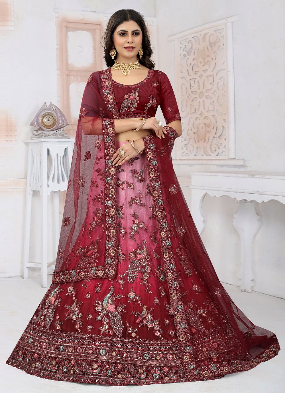 Lehenga Choli Net Wine Embroidered Lehenga Choli