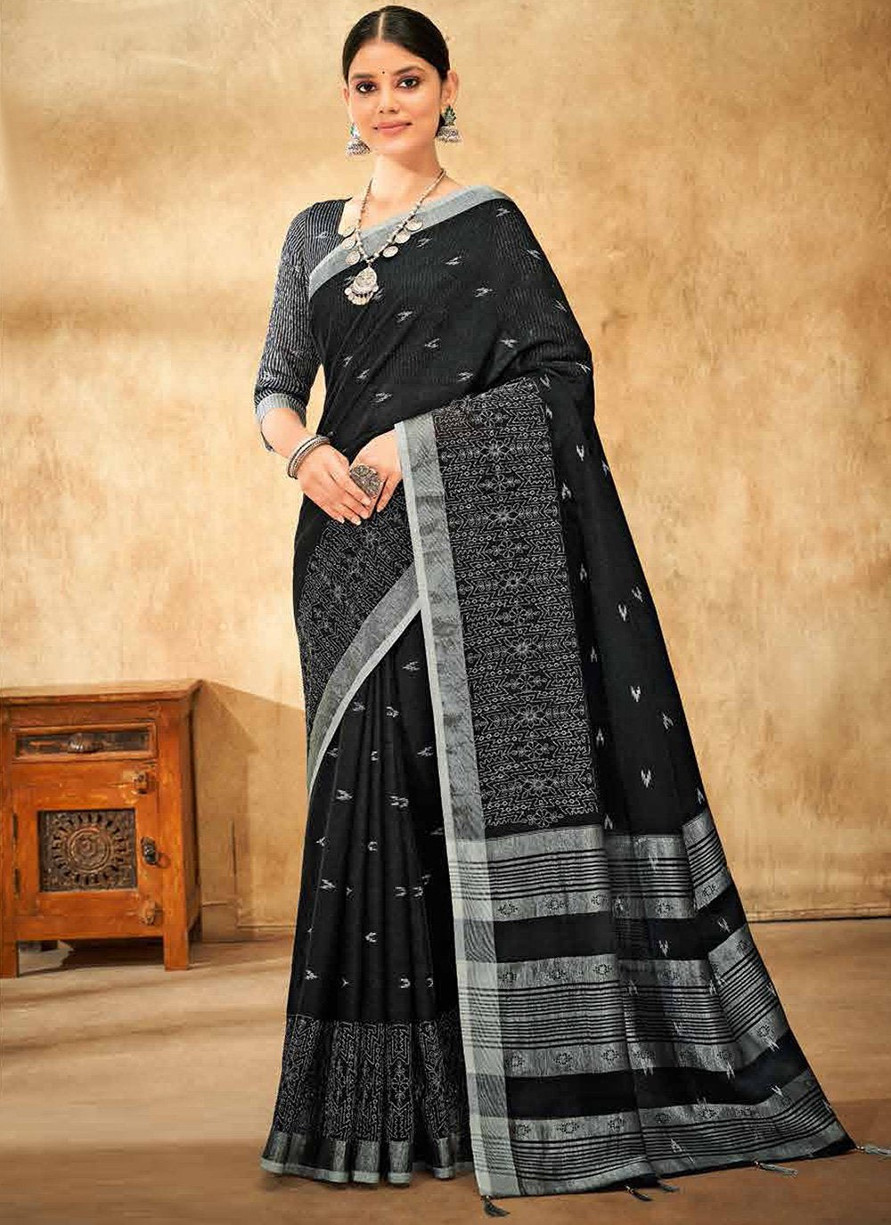 Contemporary Linen Black Print Saree