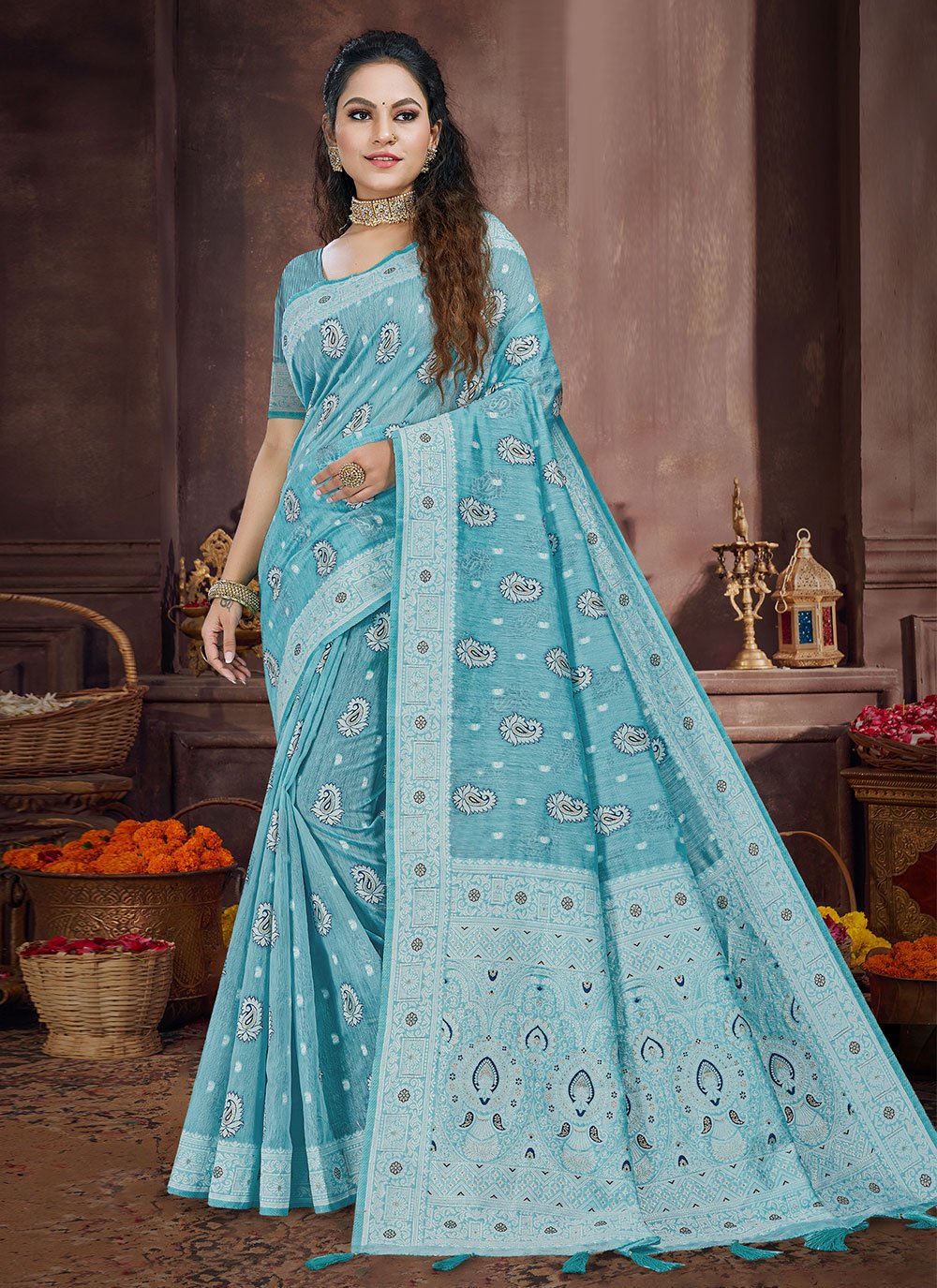 Classic Linen Blue Meena Saree