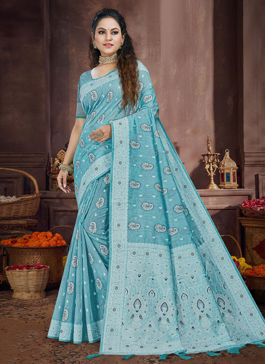 Classic Linen Blue Meena Saree