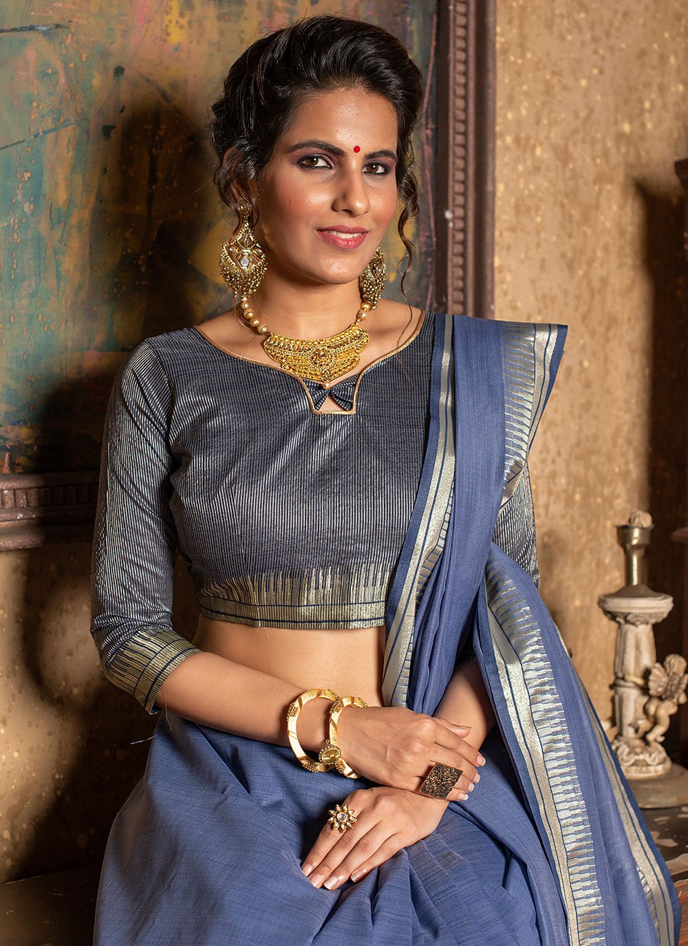 Trendy Saree Linen Silk Blue Patch Border Saree