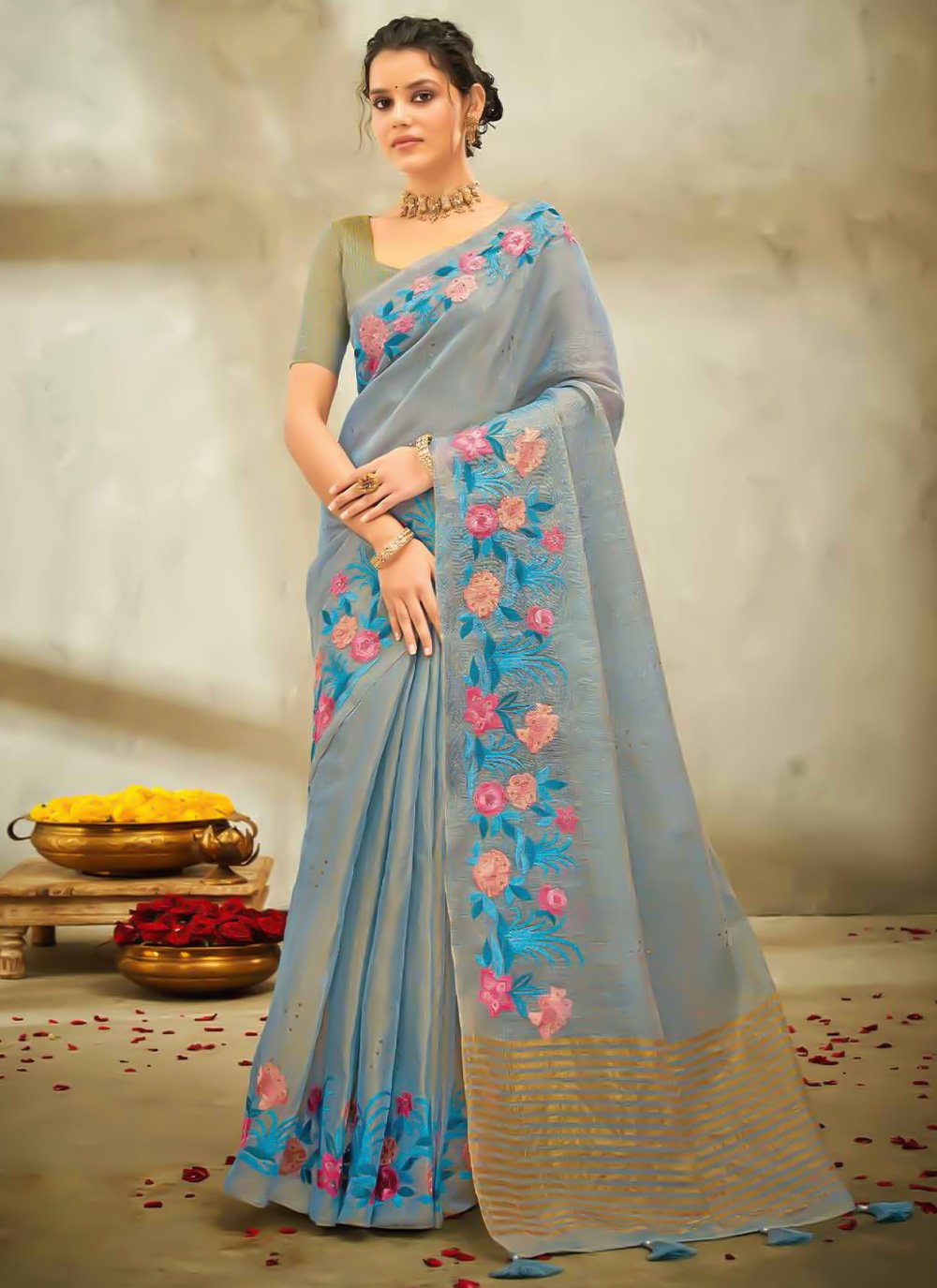 Trendy Saree Cotton Linen Blue Embroidered Saree