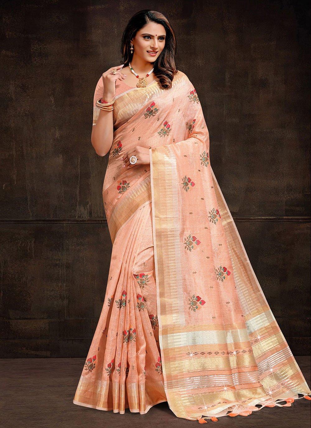 Classic Linen Tissue Peach Floral Patch Saree