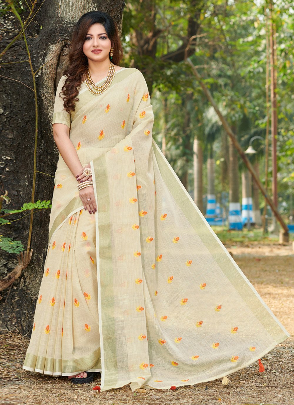 Casual Linen Off White Weaving Saree