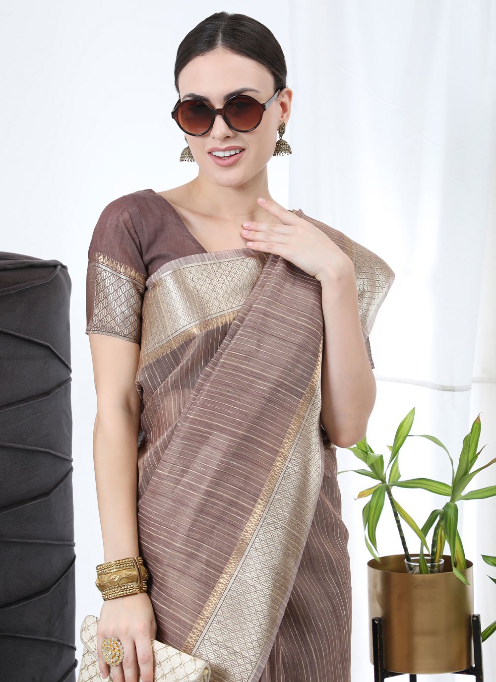 Classic Linen Tissue Brown Strips Print Saree