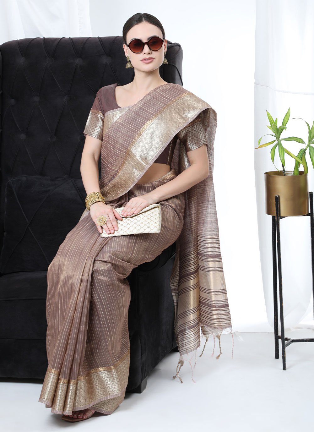 Classic Linen Tissue Brown Strips Print Saree