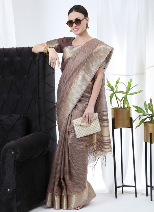 Classic Linen Tissue Brown Strips Print Saree