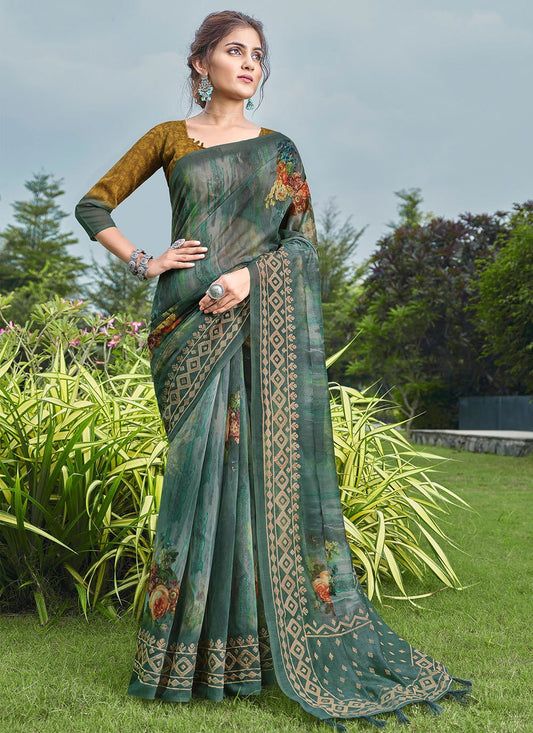 Contemporary Linen Green Embroidered Saree