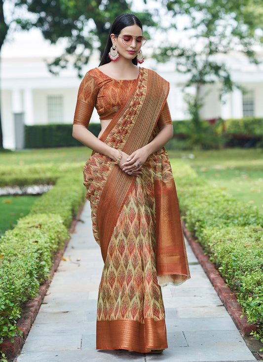 Casual Linen Cream Red Digital Print Saree