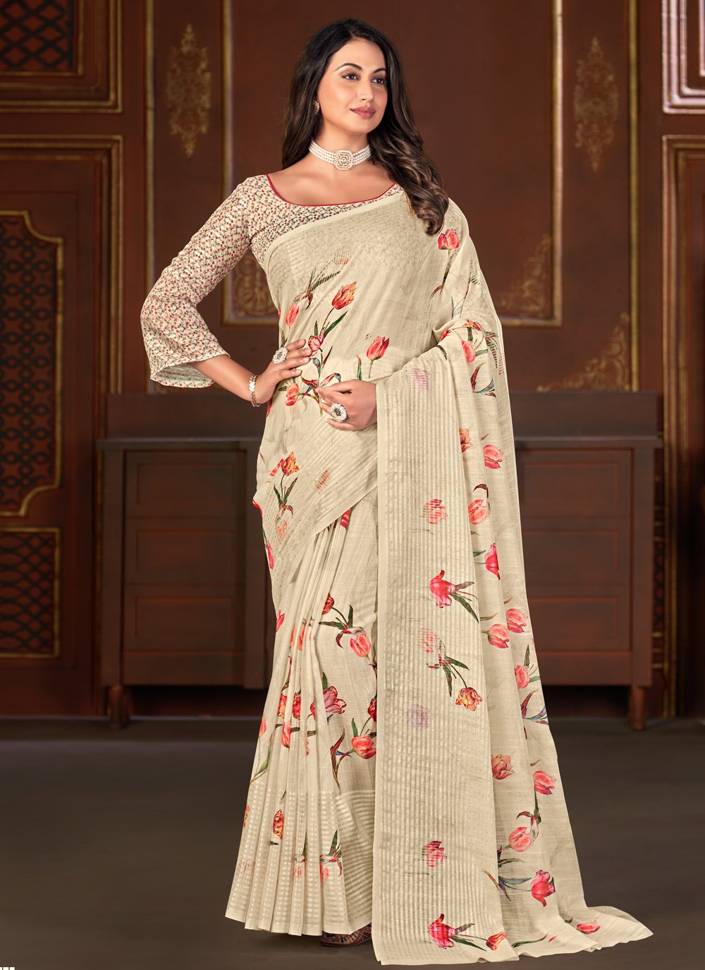 Designer Linen Cream Floral Patch Saree