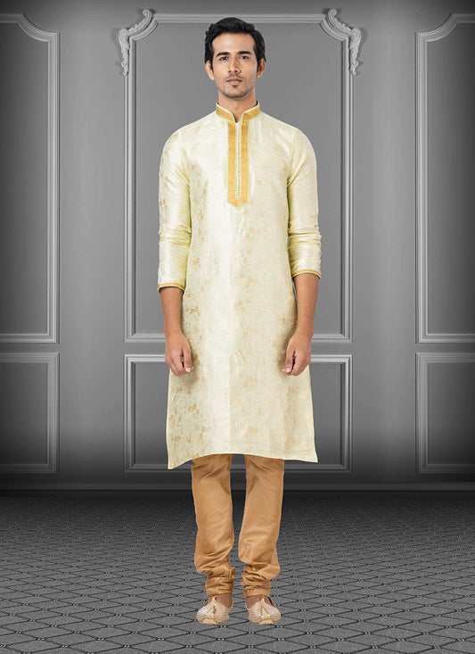 Kurta Pyjama Linen Silk Cream Foil Print Mens