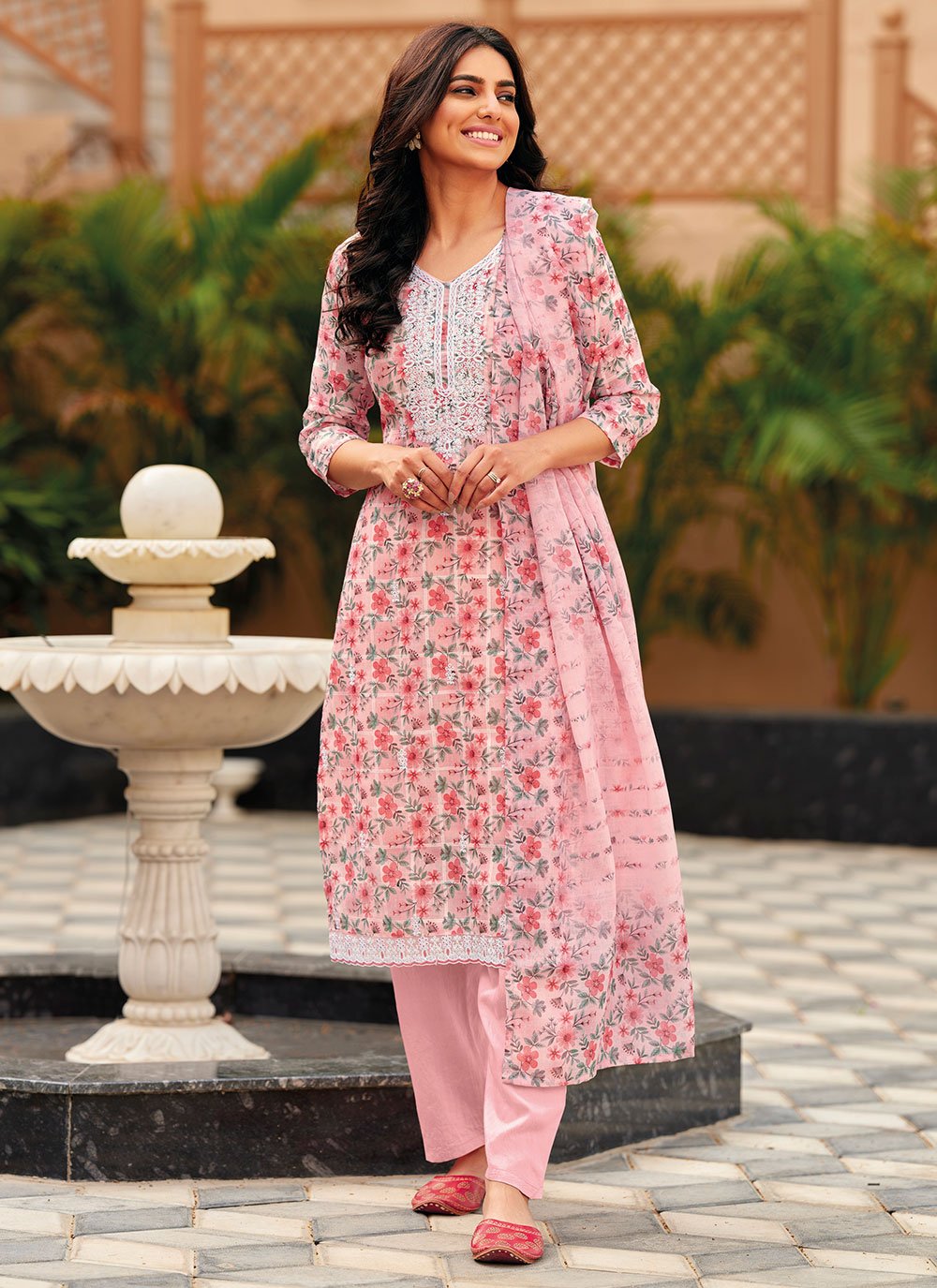 Salwar Suit Linen Pink Embroidered Salwar Kameez