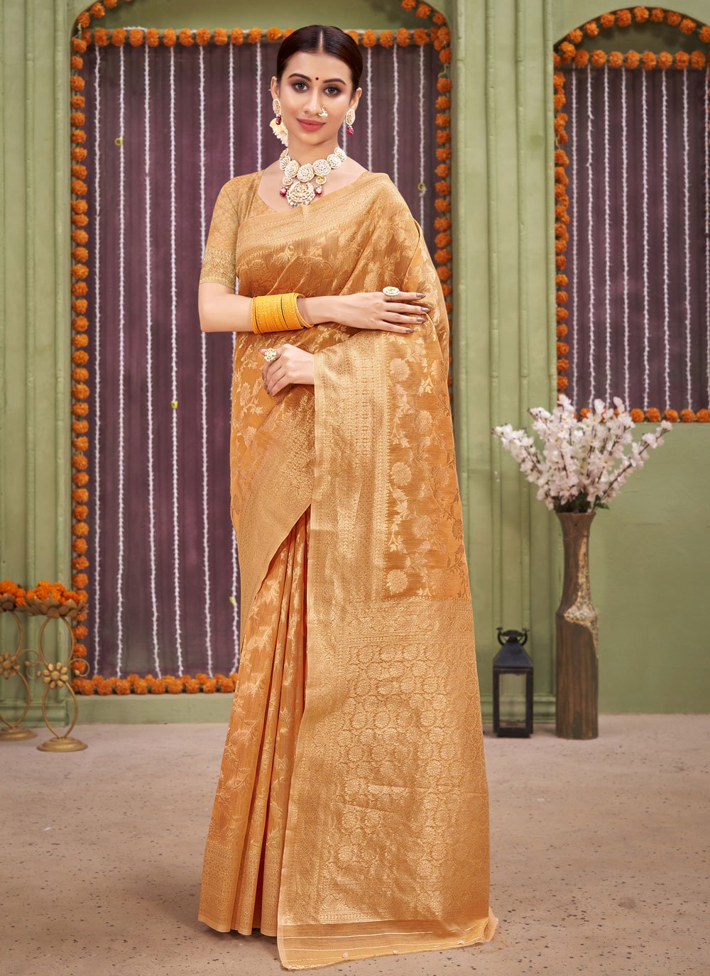 Traditional Saree Linen Mustard Foil Print Saree