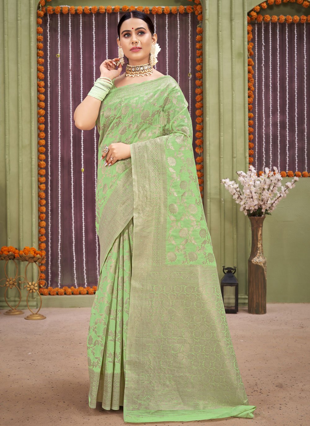 Traditional Saree Linen Green Foil Print Saree