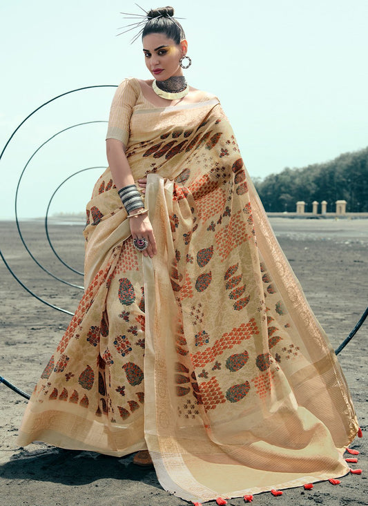 Trendy Saree Linen Beige Digital Print Saree