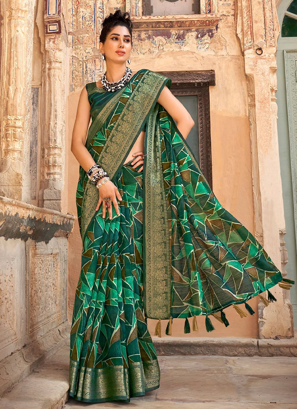 Casual Cotton Linen Green Digital Print Saree