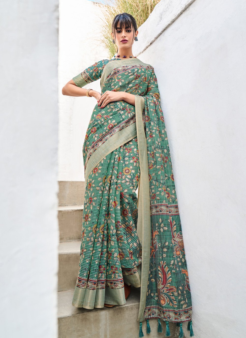 Classic Linen Green Digital Print Saree