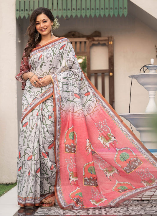 Trendy Saree Linen Grey Digital Print Saree