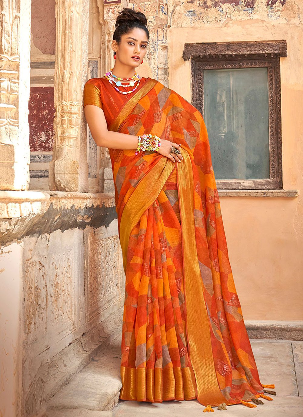 Classic Cotton Linen Orange Digital Print Saree