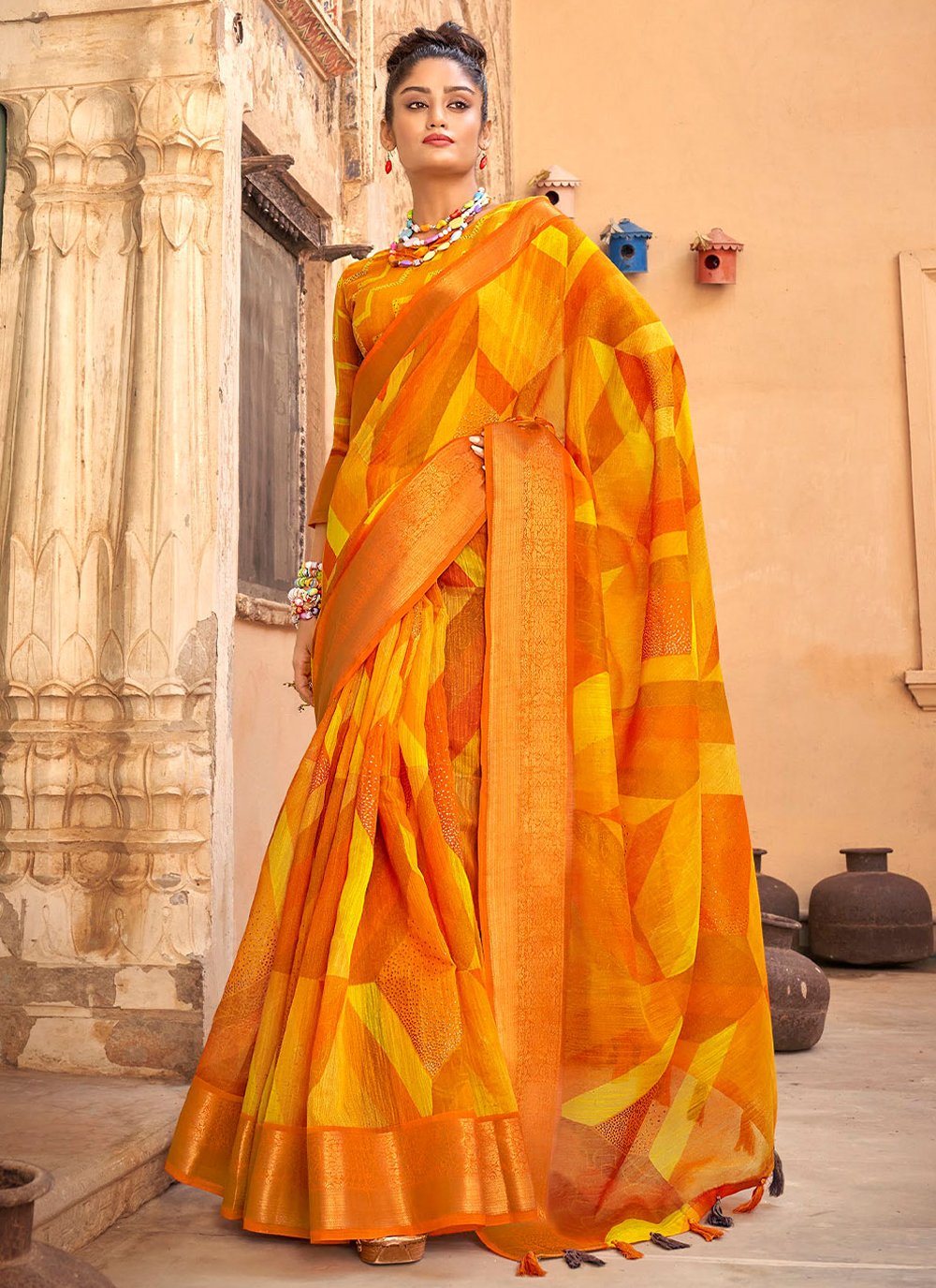 Classic Cotton Linen Yellow Digital Print Saree