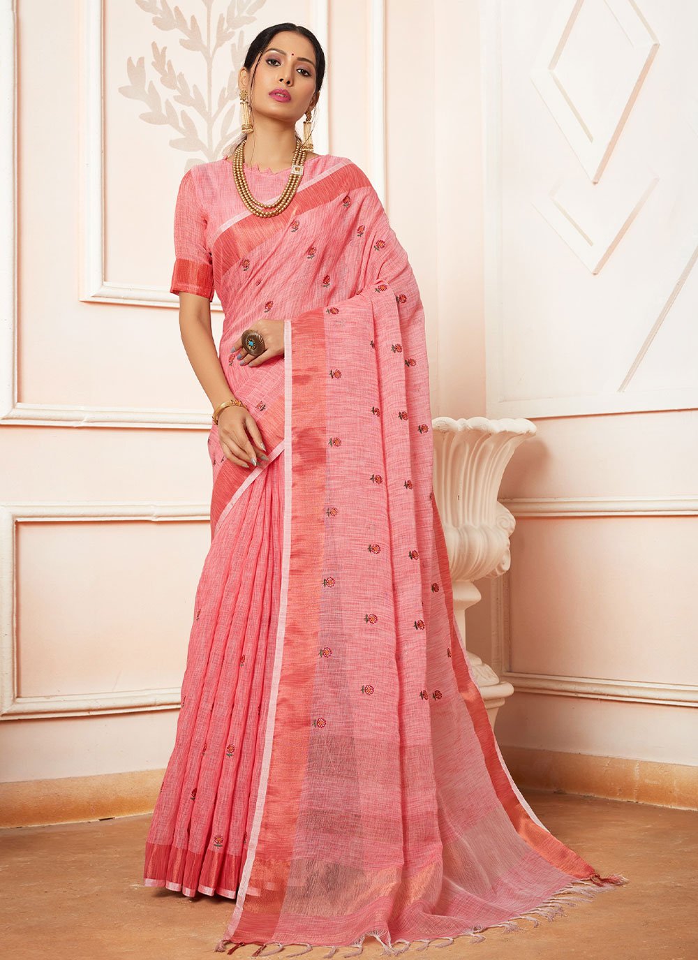 Classic Cotton Linen Pink Embroidered Saree