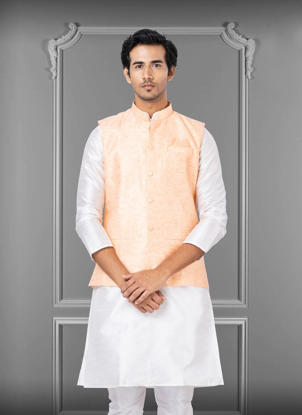 Nehru Jackets Linen Silk Peach Embroidered Mens