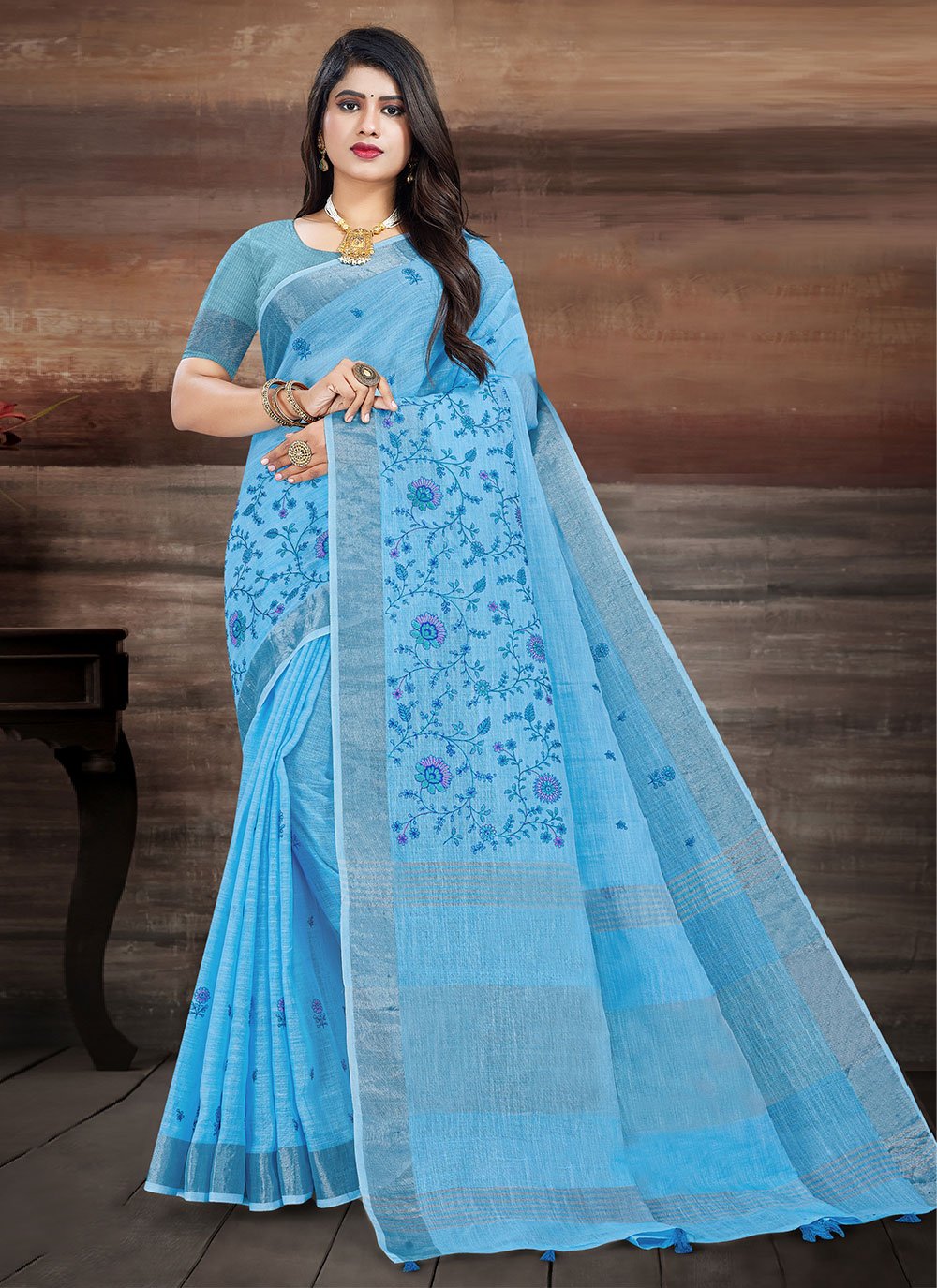 Classic Linen Aqua Blue Embroidered Saree