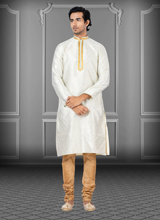 Kurta Pyjama Linen Silk White Fancy Work Mens