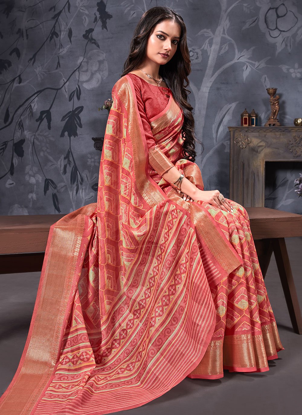 Classic Cotton Linen Orange Digital Print Saree